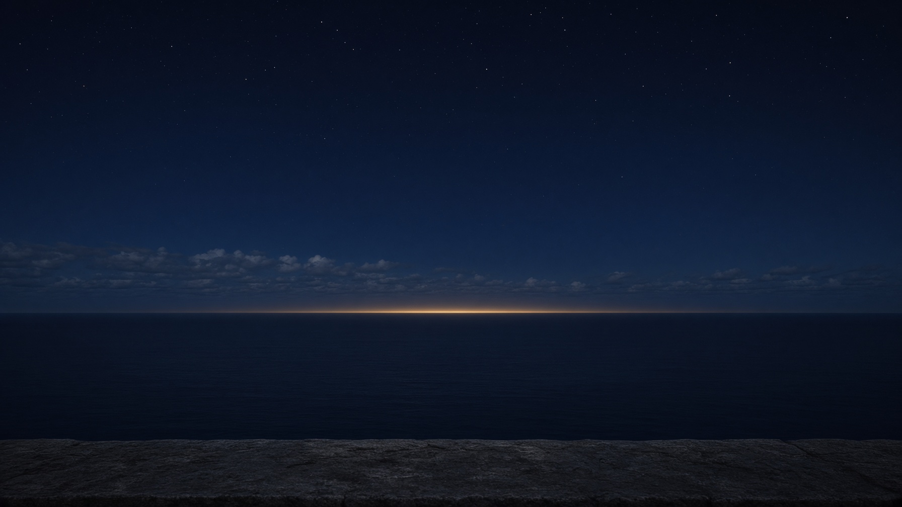 An empty stone threshold above a still sea, under a deep blue night, with a thin gold light along the horizon.